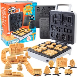 Train Set Waffle Maker- Build Waffle or Pancake Shaped Tracks, Cargo Cars Signs Station & More- Fun Family Breakfast for Kids, Electric Nonstick Waffler Iron w 4 Removable Dishwasher Safe Plates- Gift