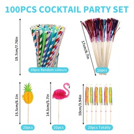 Cocktail Accessories for Drinks – 100PCS Cocktail Decorations Set with Flamingo & Pineapple Sticks, Cocktail Umbrellas, Paper Straws & Toppers, Summer Party Barware for Beach, Pool & BBQ Fun