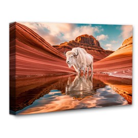 Rare White Buffalo Reflection Desert Landscape Photography 28x36 Stretched Canvas Poster - Surreal Wildlife Wall Art, Red Rock Southwest Print, Abstract Peaceful Nature with Native American Symbolism