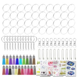 Allazone Pack of 106 Acrylic Transparent Circles, 8 Shape Discs Clear Acrylic Discs Round Keys, 20 Pieces Keychain, 20 Pieces Mini Tassels, 20 Pieces Ball Chain and Stickers for DIY, Acrylic