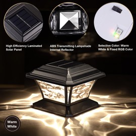 AEFRELEOHT Solar Post Cap Lights, Warm White & RGB Automatic Cycling & Fixed RGB Color, 9 Colors to Choose, 20 Lumens lP65 Waterproof Fit 3.5x3.5 4x4 4.5x4.5 5x5 Wood Post Lights Black (12 Pack)