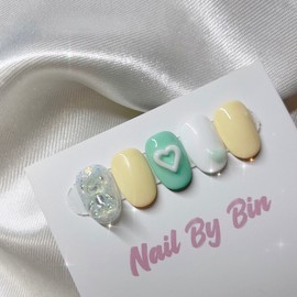 [Handmade Nail Tips] Mint E Heart Nails - Long Ballerina / [수제네일팁] 민트에하트 네일 - 롱발레리나