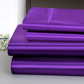 Homiest 4pcs Satin Sheets Set Luxury Silky Satin Bedding Set with Deep Pocket, 1 Fitted Sheet + 1 Flat Sheet + 2 Pillowcases (Full Size, Purple)