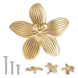 8 Pack 2.4 Inch Brushed Gold Flower Cabinet Knobs, Vintage Floral Drawer Pulls – Decorative Dresser Handles for Furniture, Vanity, Closet, Bathroom – Unique Antique Hardware
