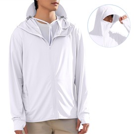 IBIH Men's UPF50+ Sun Protection Hoodie Long Sleeve Quick Dry Sun Shirts Elastic Full Zipper Fishing Jacket,White,Medium
