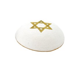 Knitted White & Gold Star Of David Yarmulke Kippah 16 cm Diameter