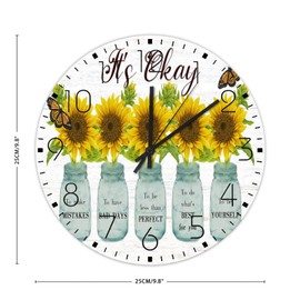 Wood Wall Clocks Battery Operated Non Ticking Sunflower It's Okay to Make Mistakes Butterfly Frameless Wall Clocks Floral Yellow Flower Fireplace Decor for Yoga Room Bathroom Pool 10 Inch