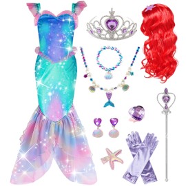 IKALI Little Girls Luxury Mermaid Costume with Accessories Wig 3T 4T Years Princess Fancy Dress up Clothes for Birthday Christmas