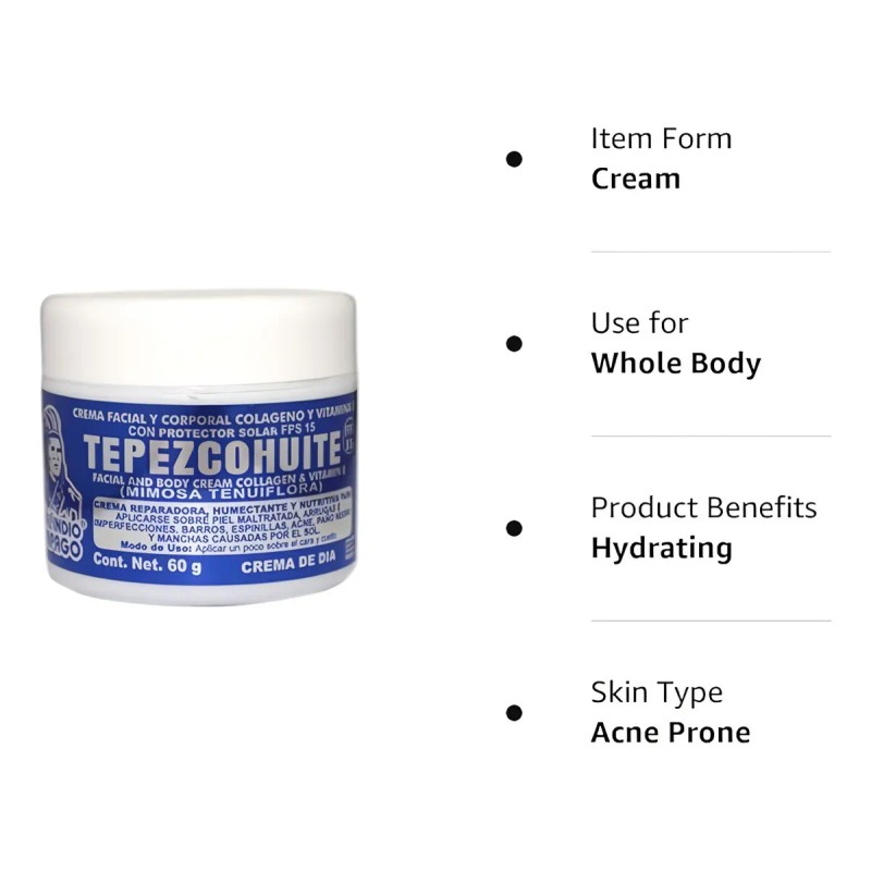 Crema Tepezcohuite Indio Papago Día Hipoalergénica Parabenos Fps15 60g
