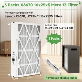 3 Packs,X6670 16x 25x 5 Merv 13 Filter Compatible with Lennox X6670,HCF16-11,HCF16-10,HCC16-28 and Honeywell FC100A1029, Foldable Design (Actual Size: 15.75 x 24.75 x 4.38in)