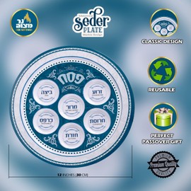 Ner Mitzvah Melamine 12" Passover Seder Plate - Blue and White Marble Design