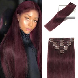LORIEN Clip in Hair Extensions Real Human Hair, 20 Inch 105g, 99J Burgundy, Clip in 100% Brazilian Remy Human Hair Extensions 8pcs Per Set with 18 Clips Double Weft
