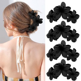 4PCS Flower Hair Claw Clips Non-Slip Matte Claw Clips for Thick Hair Cute Hair Clips, Hawaiian Hair Flower Clip Large Plumeria Hair Clips for Women Strong Hold Hair Claws for Women Girls (Black)
