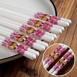 Ceramic Chop sticks Set of 5, Cute Chinese Porcelain Chopsticks dishwasher basket Safe Easy To Clean, 9.7-Inch (Pink Butterfly)