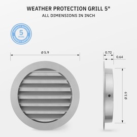 calimaero® WSGG 5" Inch Gray Round Metal Air Vent Grill Cover Flat Louver with Fly Screen Fits Only with Metal Ducts