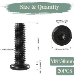 GOHODOMINO M8 x 30mm 20Pcs Flat Head Hex Socket Cap Screws Bolts, Stainless Steel 304 (18-8), Full Thread, Black Oxide