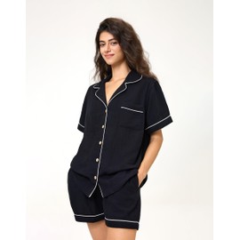 BESTOUCH Women's Pajama Sets 100% Pure Cotton Muslin Linen Feel Sleep Shorts Pjs 2 Piece Soft Sleepwear Lounge Set for Women Black S-XL