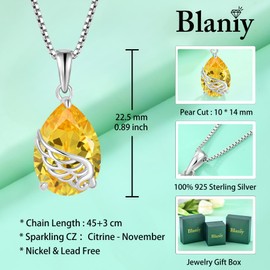 Blaniy Angel Wing Necklace 925 Sterling Silver Teardrop Citrine Necklace November Birthstone Pendant Guardian Angel Wings Jewelry Gifts for Women