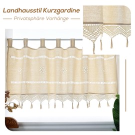 Chocolehot Vintage Coffee Curtain, Cotton Linen Short Curtain, Crochet Kitchen Curtains, with Bows, Country House Style Curtains, Home Decoration for Kitchen Bistro, Curtain 45 x 150 cm (H x W)