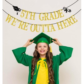 5th Grade We’re Outta Here Banner, 5th Grade Grad Decorations, Peace Out 5th Grade, Fifth Grade Graduation Party Decoration Gold & Black Glitter