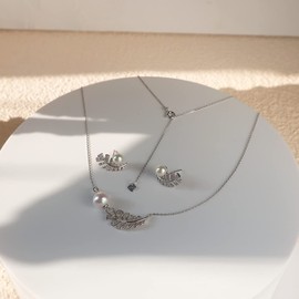 umico Earrings and Necklace Jewelry Set for Women, Embedded with Freshwater Cultured Pearls & Cubic Zirconia S925 Sterling Silver with White Gold Plating, Symmetrical Plume Design