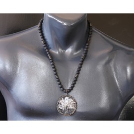 ElisaJewelryArt - Natural Clear Quartz Big Tree Of Life Black Lava Stone Beaded Necklace Genuine Gemstone Healing Stone Clasp Closure Necklace Unisex Necklace (22, Clear Quartz)