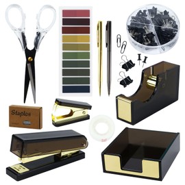MultiBey Black Gold Acrylic Sticky Notes Holder Stapler and Tape Dispenser Cutter with Sticky Notes, 950 Staples & Tape, Staple Remover, Scissor, Ballpoint Pen, Paper Clips Set for Women Office Home