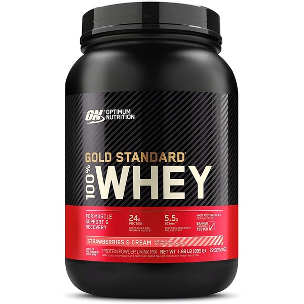 Optimum Nutrition Gold Standard 100% Whey Protein Powder, Strawberry & Cream, 2 Pound (Packaging May Vary)