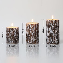 Eywamage Brown Bark Flameless Pillar Candles with Remote, Rustic LED Wood Candles Battery Operated Set of 3