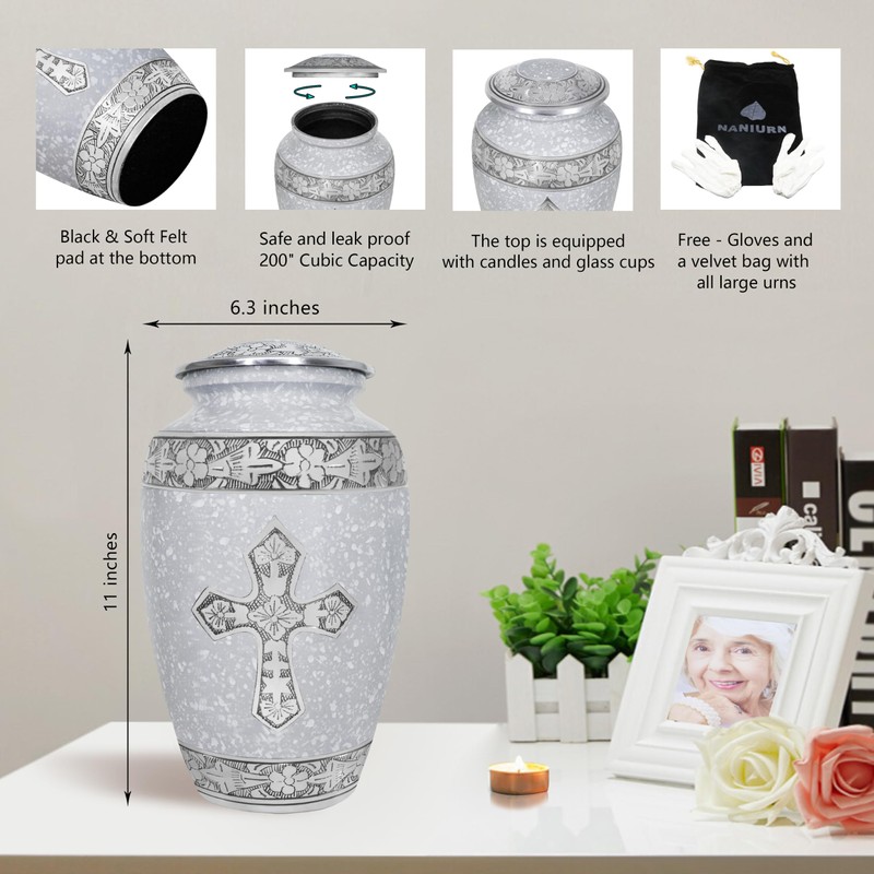 Cremation Urns for Women, White Engraved Cross Large Funeral Urn