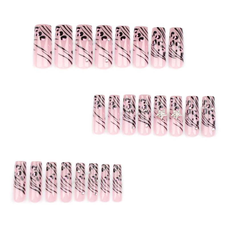 QQPPOLIU Long Press on Square Nails,Pink Fake Nails with Striped
