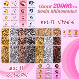 20000Pcs Metallic Rhinestones for Bedazzling with B7000 Jewelry Glue, Resin Rhinestones for Crafting Crafts DIY, Bedazzler Kit Gems for Clothing Shoes Tumblers Fabric Nail Art Assorted Size 3/4/5/6mm