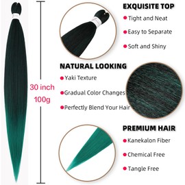 Xusuperb 30 inch Long Pre Stretched Braiding Hair Ombre Black to Green Easy Braids Extensions Hair 6 Packs Hot Water Setting Soft Yaki Straight Kanekalon Synthetic Hair for Braiding(T1B/Green#)