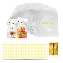 Pack of 200 Candy Bags, 20 x 15 cm Cellophane Bags Small with 200 Cable Ties and 10 Round Stickers, for Wedding, Picnic, Children's Birthday Party Favours, Dessert Packaging Bags
