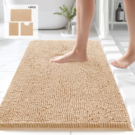 ZTIONHD Chenille Bathroom Rugs Sets 2 Piece, Thick Plush Bath Rugs Non Slip Washable, Tub and Shower Soft Microfiber Bathroom Floor Mat, 32x20 Plus 24x17 Inches Beige