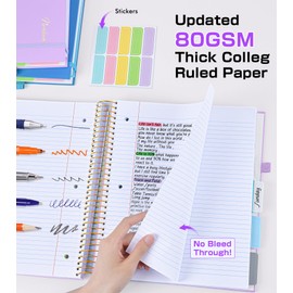5 Subject Notebook College Ruled,80GSM Paper Thick Hardcover Spiral Notebook Lined Journal with Removable Dividers Tabs,400pages 8.5"x11" Paper Large Notebooks for School Work,3-Hole Punched, Purple