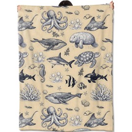 amepay Ocean Animals Blanket, Marine Life Illustration Pattern Lightweight Flannel Throw 50×60 for Couch Sofa Bed, Coastal Home Decor and Gifts for Sea Life Lovers, and Nature-Inspired Spaces