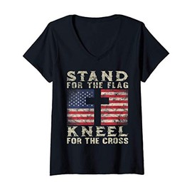 Womens Christian Patriotic American Flag Stand Flag Kneel Cross V-Neck T-Shirt