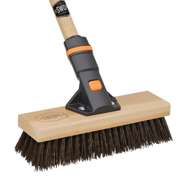 SWOPT 10” Premium Rough Surface Scrub Brush + 60" EVA Foam Comfort Grip Wooden Handle, Combo — Stiff Bristle Cleaning Brush with Interchangeable Long Handle — Clean Outdoor Surfaces Comfortably
