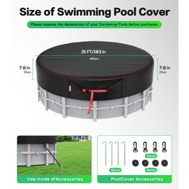 15 Ft Round Pool Cover, Solar Covers for Above Ground Pools, Stock Tank Pool Protector with Accessories, Round Hot Tub Cover Ideal for Waterproof and Dustproof