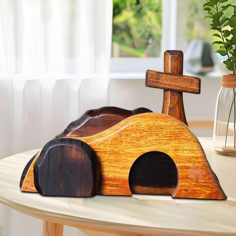 Easter Empty Tomb Scene with Cross Decor Statue Wooden Nativity