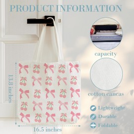 Dr.Baner Pink Bow And Cherry Tote Bag For Women, Cute Coquette Canvas Tote Bag, Reusable Grocery Shopping Bag, Birthday Christmas Gifts For Women Girls E(02)