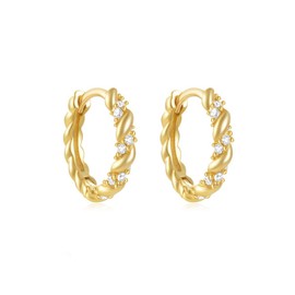 Dainty CZ Twist Rope Small Hoop Earrings for Women Catilage Gold Plated S925 Sterling Silver Tiny Crystal Huggie Hoops Minimalist Hypoallergenic Hooped Fashion Trendy Jewelry Gifts for Christmas Her