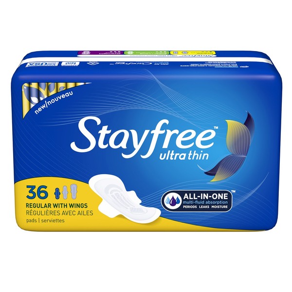 Stayfree Ultra Thin Regular Pads with Wings For Women, Reliable Protection and Absorbency of Feminine Moisture, Leaks and Periods, 36 count