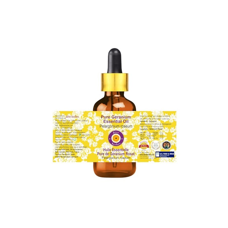 Deve Herbes Pure Geranium Essential Oil (Pelargonium graveolens) with Glass