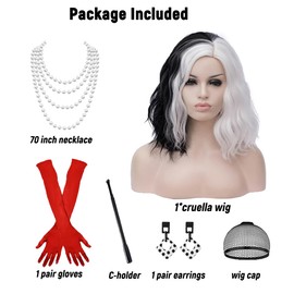 Mildiso Cruella Deville Costume Women Girls Dalmatian Costume Cruella Deville Wig with Gloves Necklace Earrings Short Black and White Wig Curly Wavy Wig with Accessories M127BW