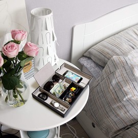 SUKKMORI Valet Tray Nightstand Organizer - Dresser Organizer for Men and Women - EDC Leather Key Tray - Desk Organizer for Jewelry with Charging Station - Bedside Catchall Tray for Accessaries