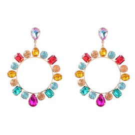 Denifery Rhinestones Circle Dangle Drop Earrings Statement Iridescent Earrings Boho Crystal Stud Earrings for Wedding Prom Bridal Earrings (Colorful)
