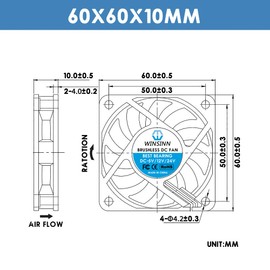 WINSINN 60 mm Fan 12 V Double Ball Bearing Brushless 6010 60 x 10 mm Cooling - High Speed (Pack of 4)