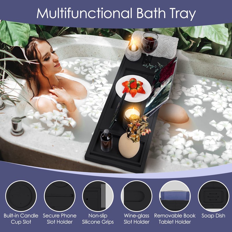 Foldable Bathtub Caddy Tray, Bamboo Bath Tub Tray Table for